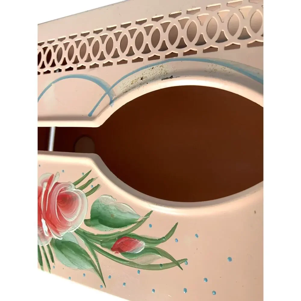 MCM Pink Tissue Box Holder Cover Hand Painted Tole Ware Metal Vanity Bath Vtg